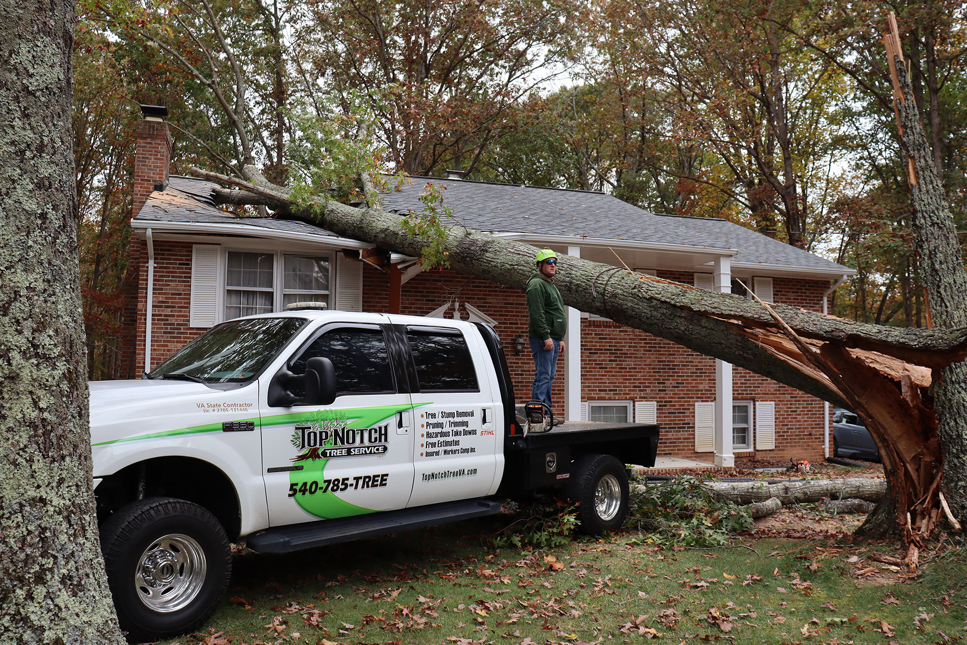 Top Notch Tree Service, Inc. preparing for emergency tree removal in Spotsylvania.